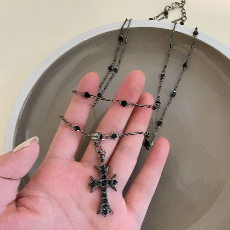 Double-Layered Black Zircon Cross Pendant Necklace for Women