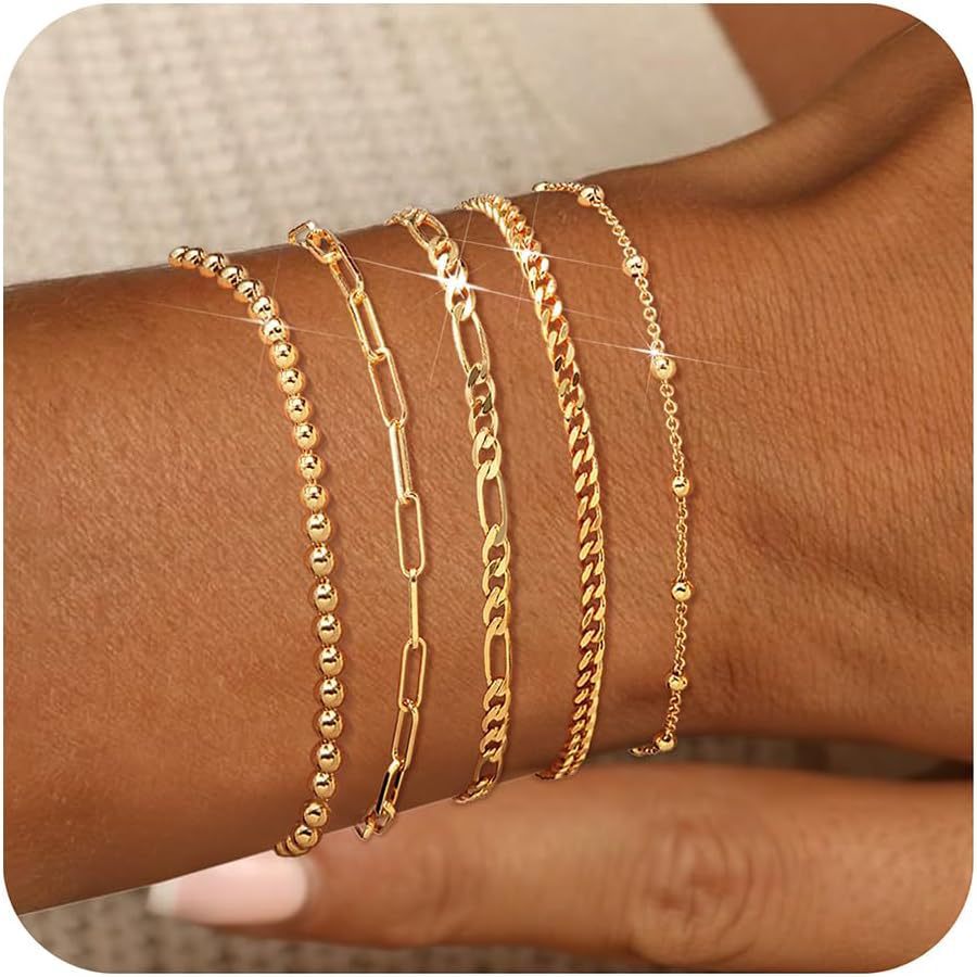 5 Piece/Set Gold Layered Delicate Stackable Chain Bracelets for Women