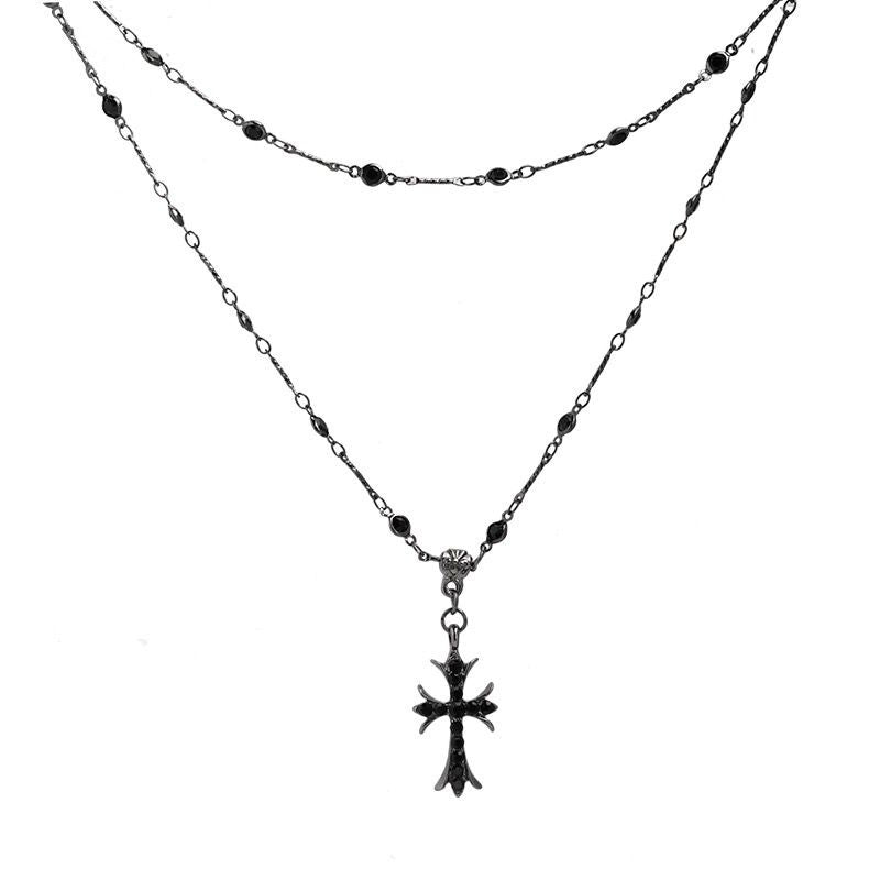 Double-Layered Black Zircon Cross Pendant Necklace for Women