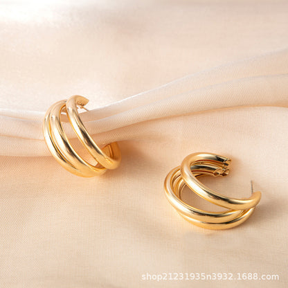 Gold Stacked Triple Band C Hoop Earrings - Bold Minimalist Statement Jewelry