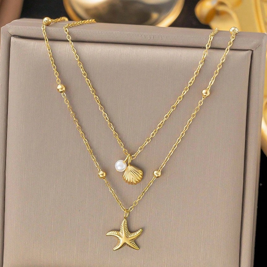 Layered Gold Beach Necklace with Starfish and Seashell Pearl Charms for Women
