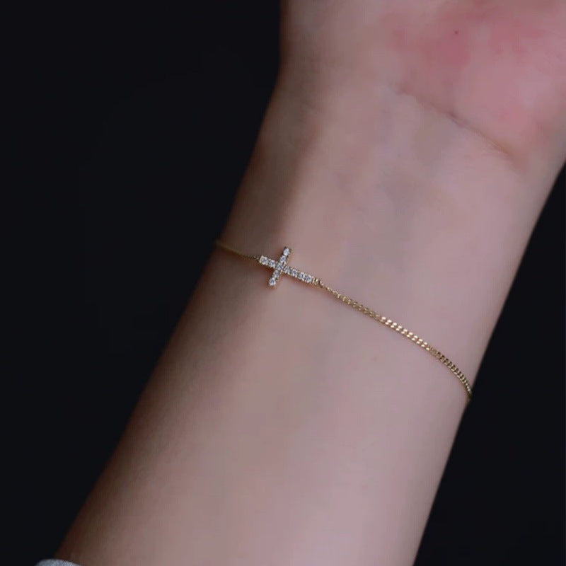 14K Gold Plated Sterling Silver Chain Dainty Cross Bracelet with CZ Diamonds
