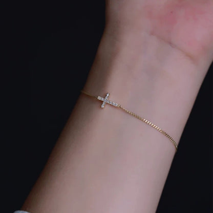 14K Gold Plated Sterling Silver Chain Dainty Cross Bracelet with CZ Diamonds
