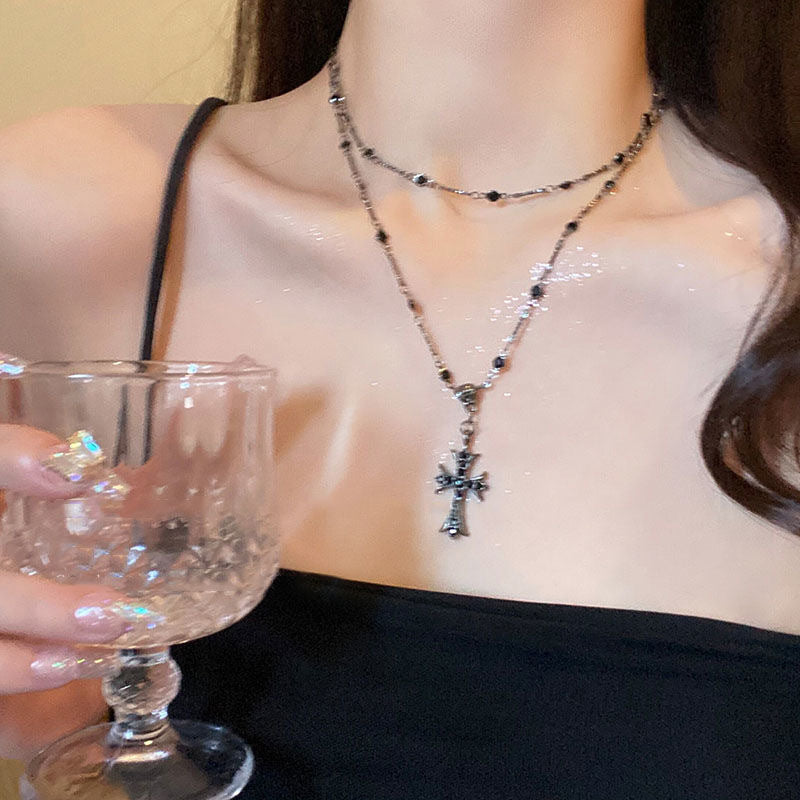 Double-Layered Black Zircon Cross Pendant Necklace for Women