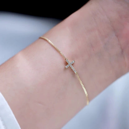 14K Gold Plated Sterling Silver Chain Dainty Cross Bracelet with CZ Diamonds
