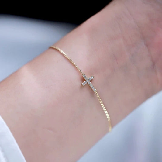 14K Gold Plated Sterling Silver Chain Dainty Cross Bracelet with CZ Diamonds