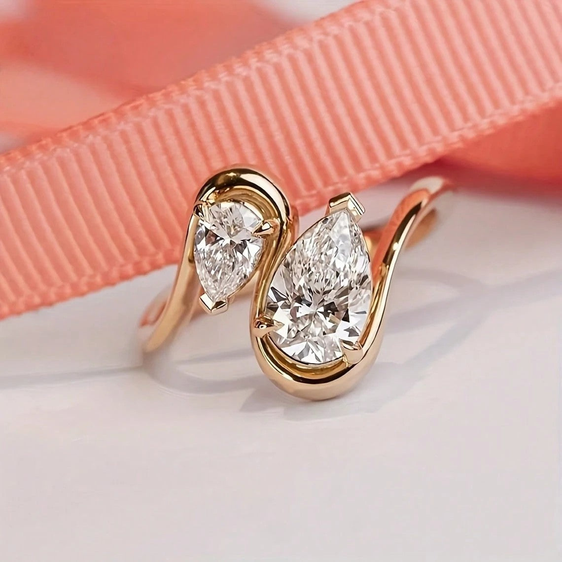 18K Gold Plated Twisted Wave Bohemian Ring with Zirconia Stones for Women