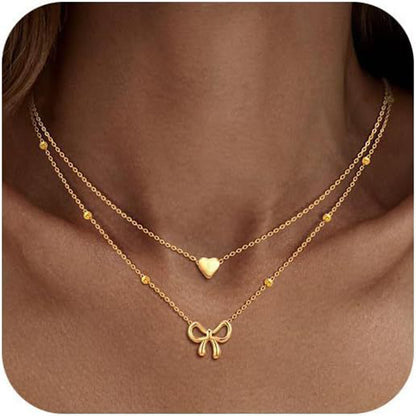 Double Layered Gold Necklace for Women with Heart & Bow