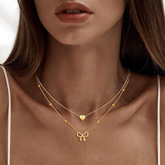 Double Layered Gold Necklace for Women with Heart & Bow
