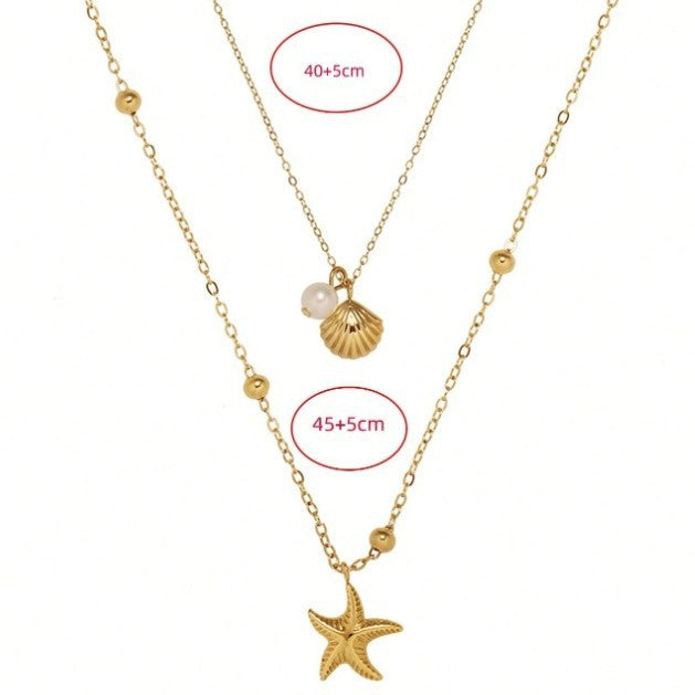 Layered Gold Beach Necklace with Starfish and Seashell Pearl Charms for Women