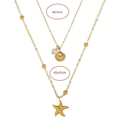 Layered Gold Beach Necklace with Starfish and Seashell Pearl Charms for Women