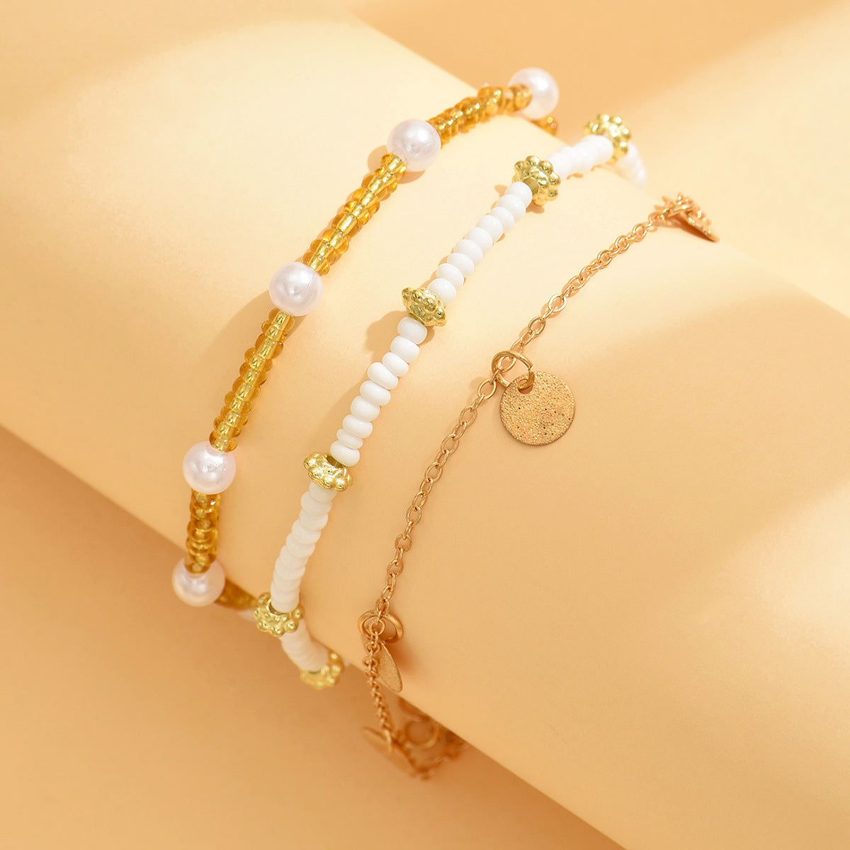 Layered Beach Anklet Set - Gold Pearl & Coin Charm Ankle Bracelets for Women