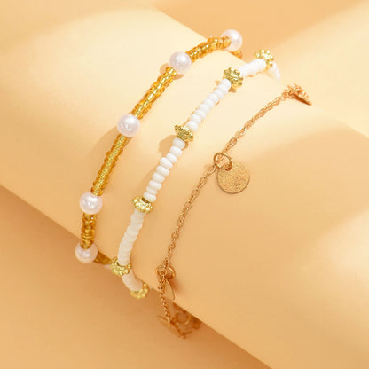 Layered Beach Anklet Set - Gold Pearl & Coin Charm Ankle Bracelets for Women