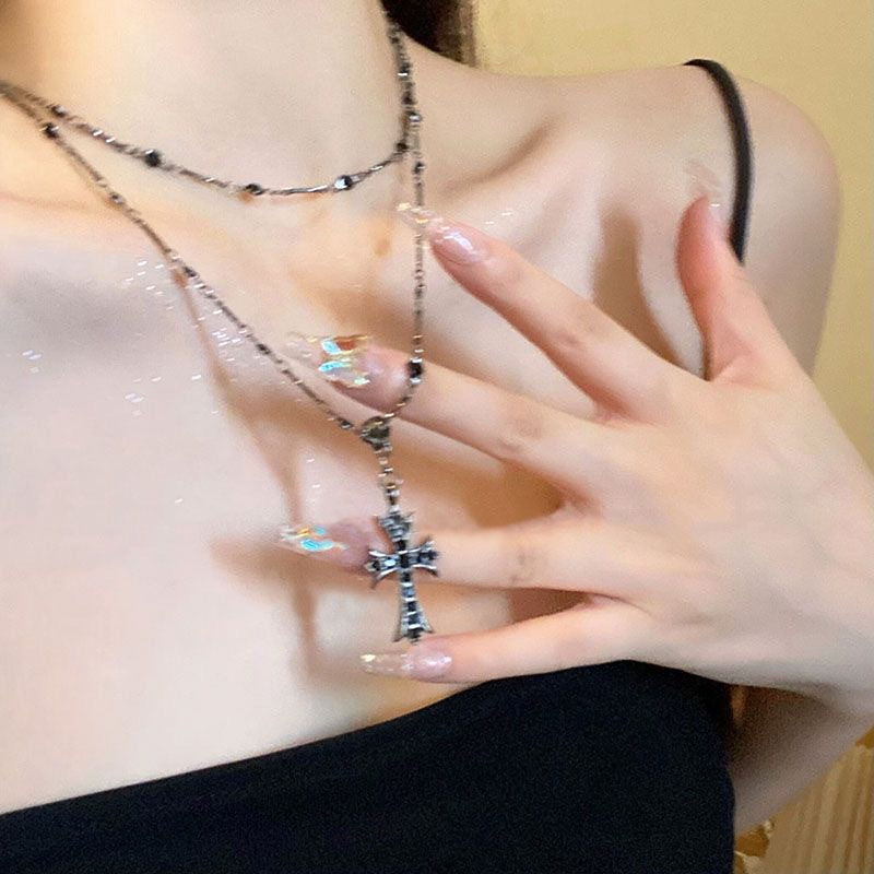 Double-Layered Black Zircon Cross Pendant Necklace for Women