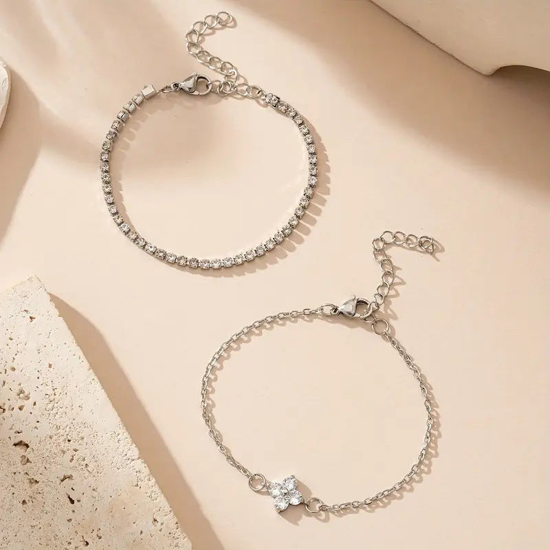 Double Layer Cubic Zirconia Flower Crystal Bracelet Set