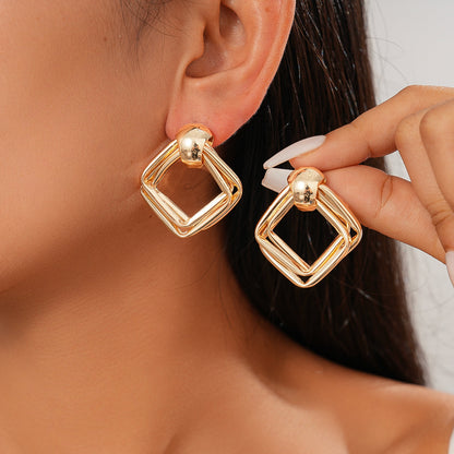 Geometric Gold Square Drop Earrings - Layered Frame Design
