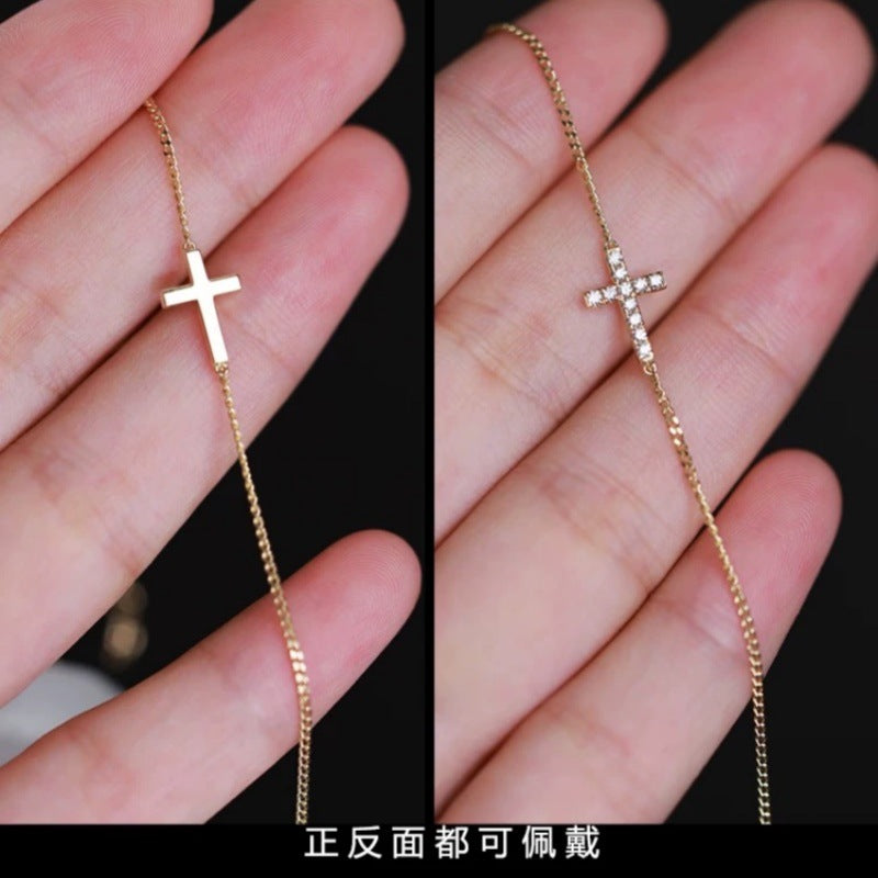 14K Gold Plated Sterling Silver Chain Dainty Cross Bracelet with CZ Diamonds