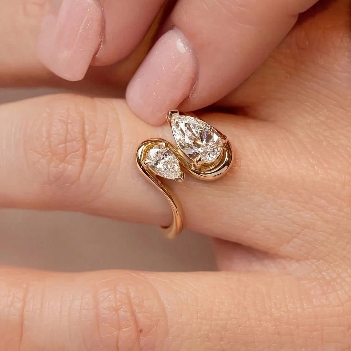 18K Gold Plated Twisted Wave Bohemian Ring with Zirconia Stones for Women