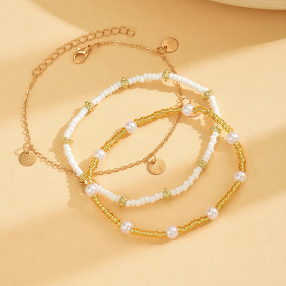 Layered Beach Anklet Set - Gold Pearl & Coin Charm Ankle Bracelets for Women