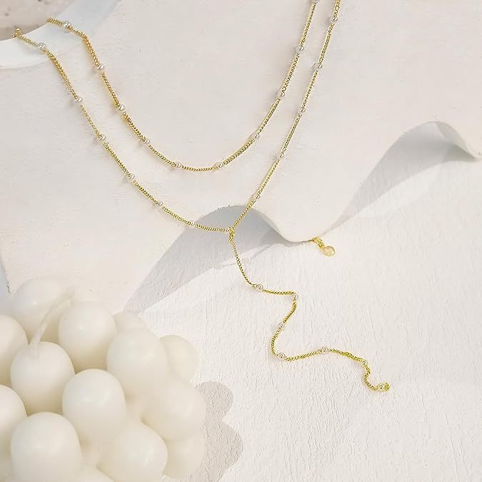 Gold Multi-Layered Y Necklace with Zircon Charms | Delicate Lariat Jewelry for Women