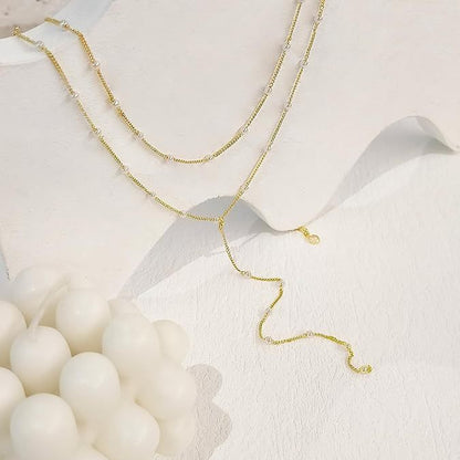 Gold Multi-Layered Y Necklace with Zircon Charms | Delicate Lariat Jewelry for Women