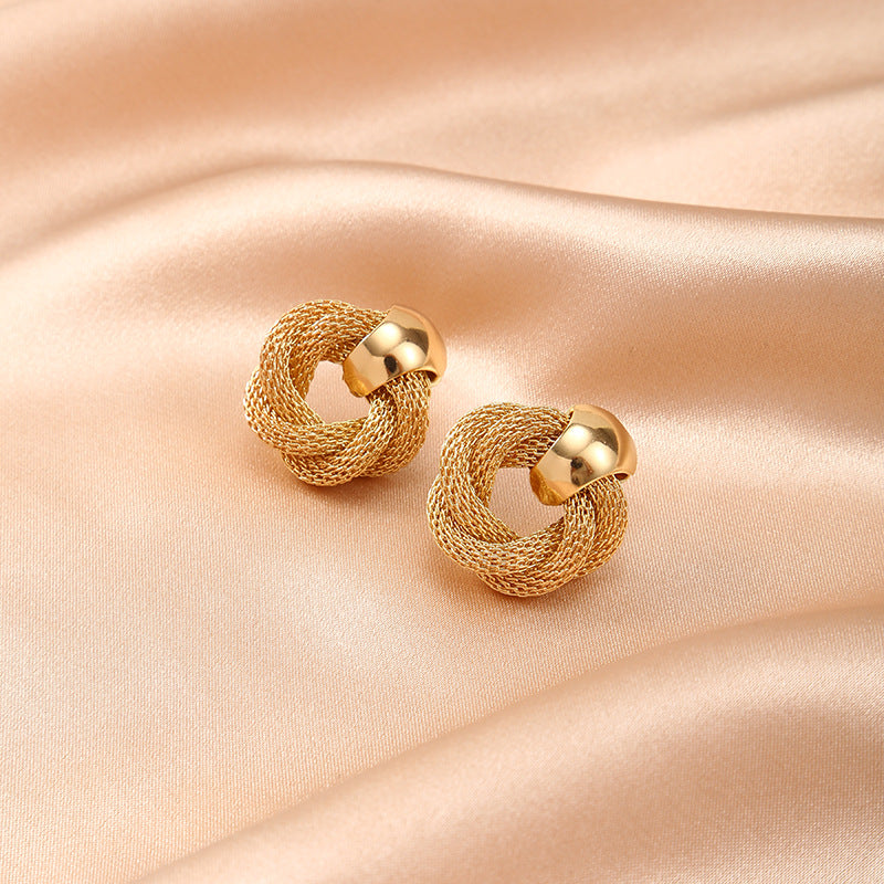 Gold Mesh Twisted Hoop Earrings - Woven Texture Circle Studs