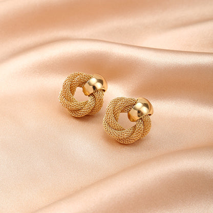 Gold Mesh Twisted Hoop Earrings - Woven Texture Circle Studs