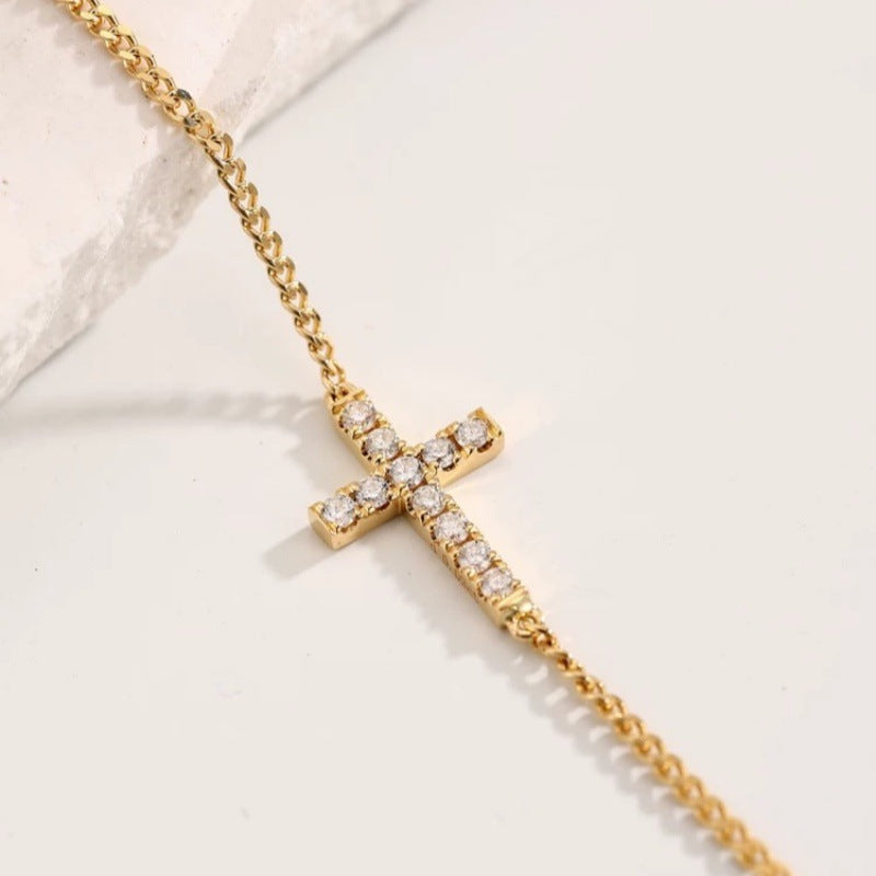 14K Gold Plated Sterling Silver Chain Dainty Cross Bracelet with CZ Diamonds