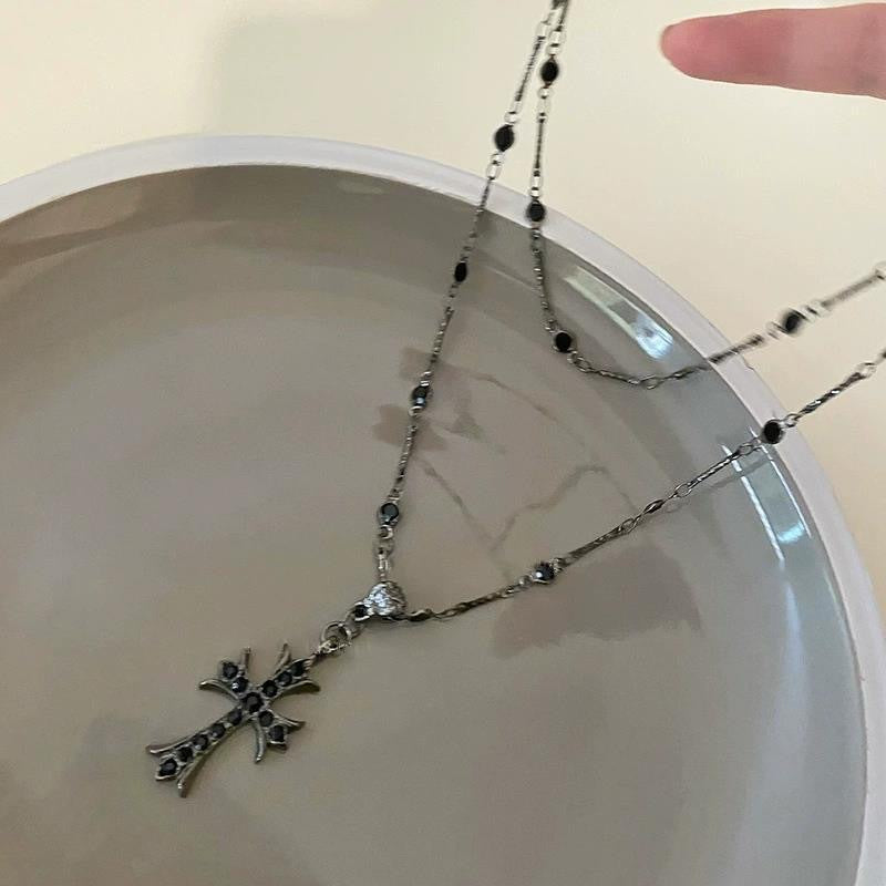 Double-Layered Black Zircon Cross Pendant Necklace for Women