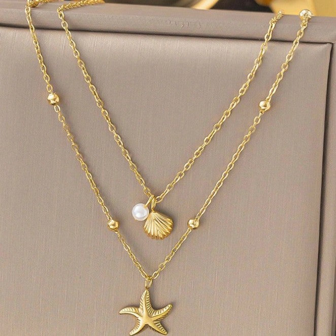 Layered Gold Beach Necklace with Starfish and Seashell Pearl Charms for Women
