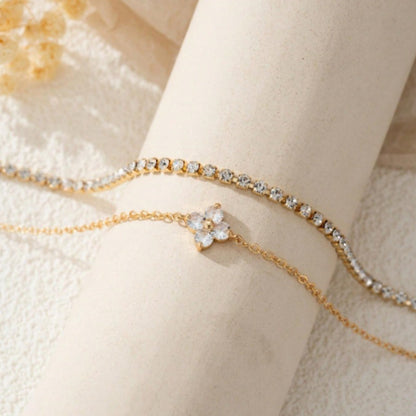 Double Layer Cubic Zirconia Flower Crystal Bracelet Set