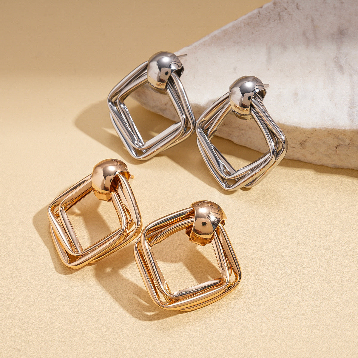 Geometric Gold Square Drop Earrings - Layered Frame Design