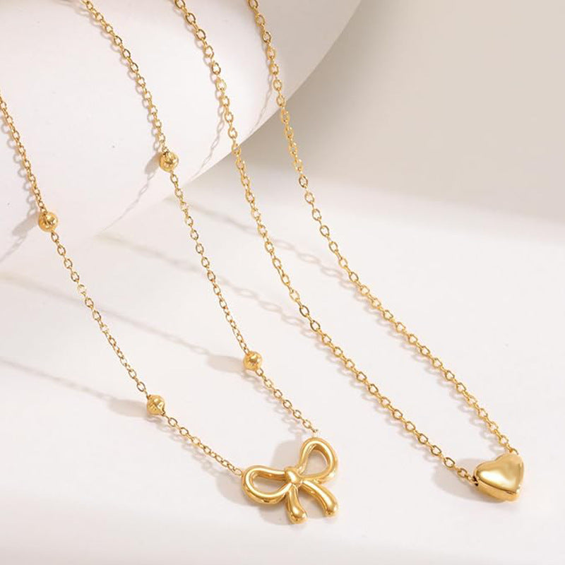 Double Layered Gold Necklace for Women with Heart & Bow