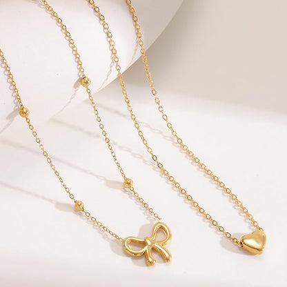 Double Layered Gold Necklace for Women with Heart & Bow