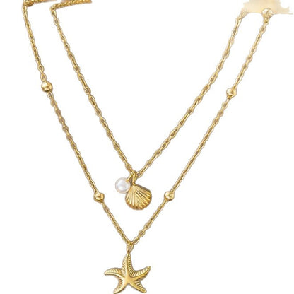 Layered Gold Beach Necklace with Starfish and Seashell Pearl Charms for Women