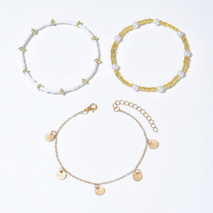 Layered Beach Anklet Set - Gold Pearl & Coin Charm Ankle Bracelets for Women
