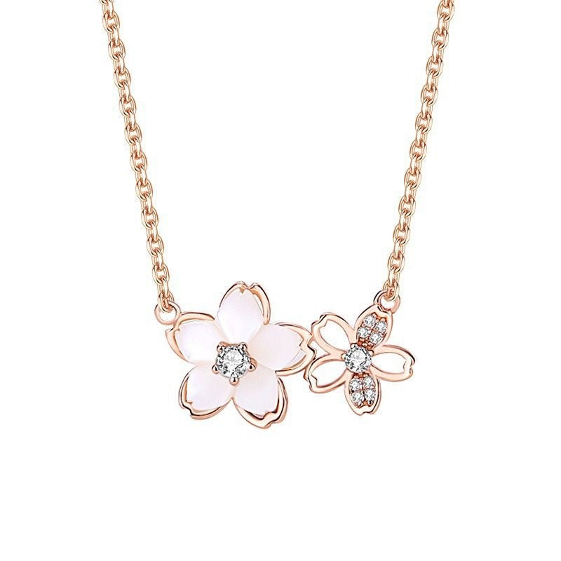 Chic Double Flower Necklace Rose Gold Chain with Crystal & Diamond - Stylish Jewelry for Women