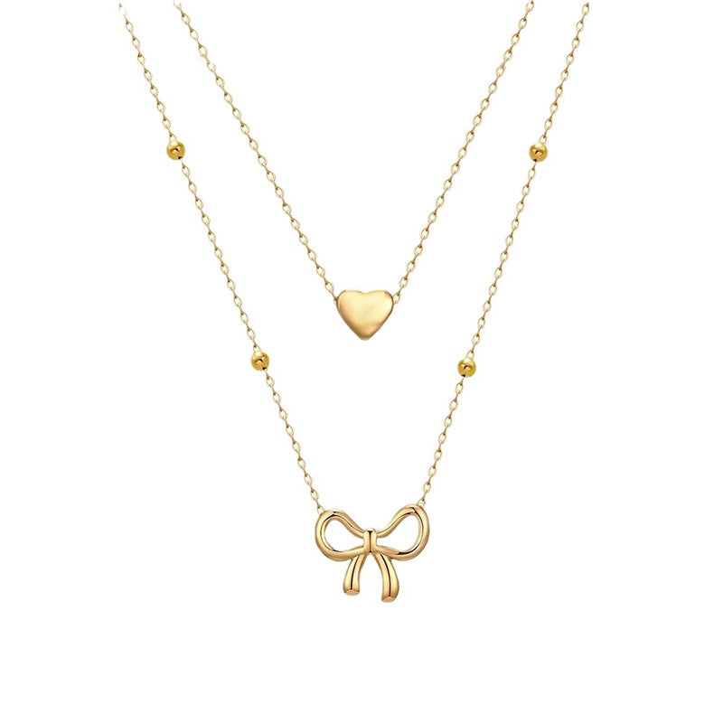 Double Layered Gold Necklace for Women with Heart & Bow