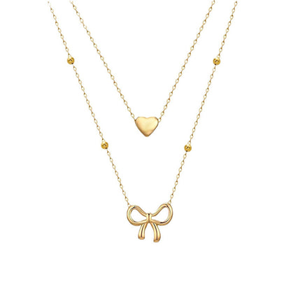 Double Layered Gold Necklace for Women with Heart & Bow