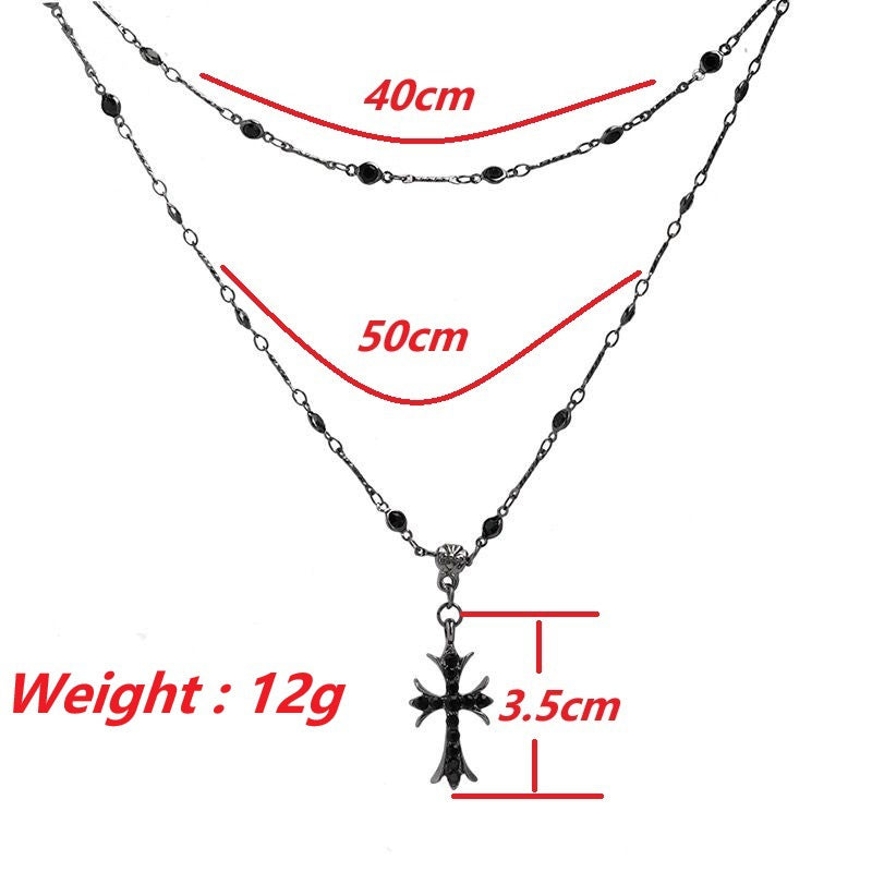 Double-Layered Black Zircon Cross Pendant Necklace for Women