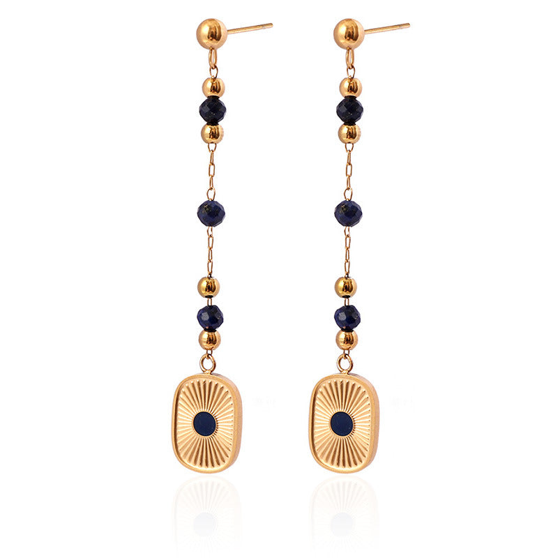 Long Blue Gemstone Beaded Drop Earrings with Gold Medallion Charms for Women