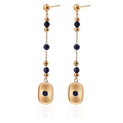 Long Blue Gemstone Beaded Drop Earrings with Gold Medallion Charms for Women