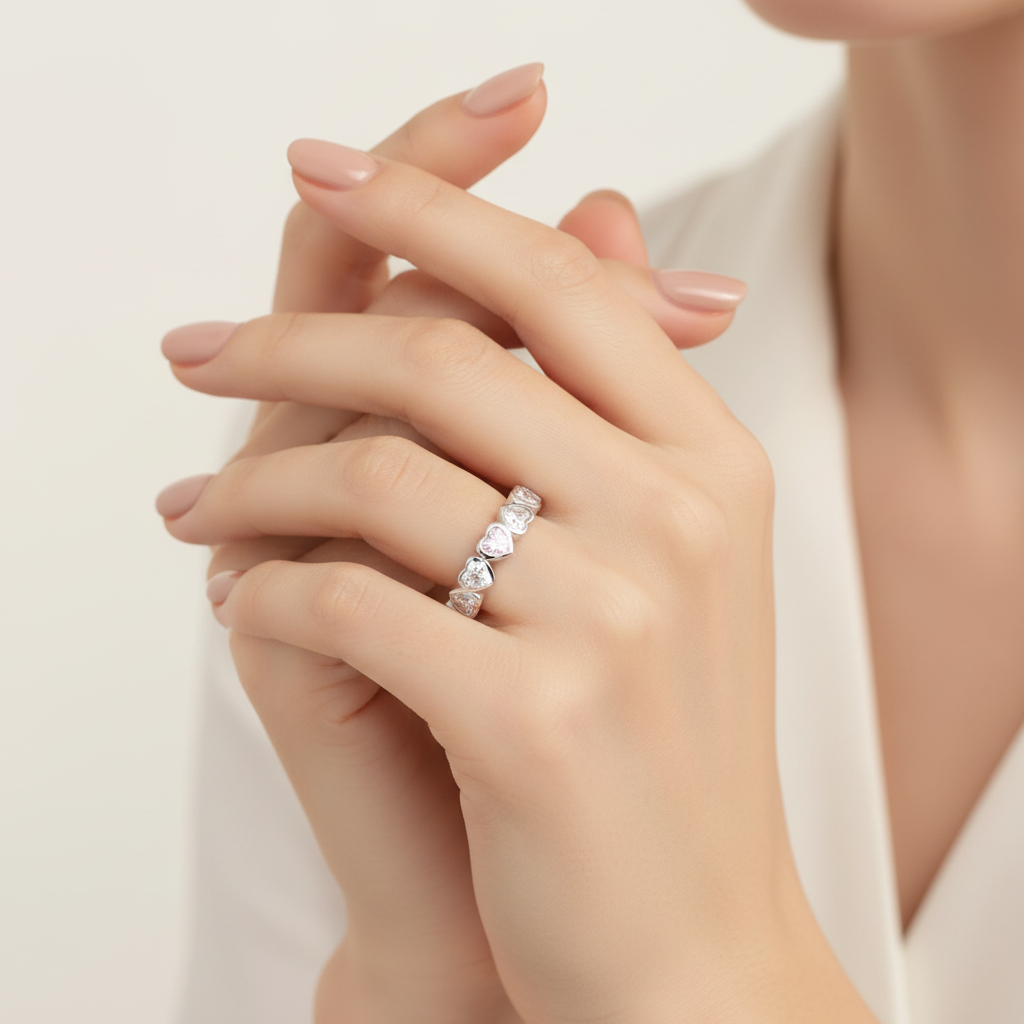 模特手部佩戴心形925银戒指