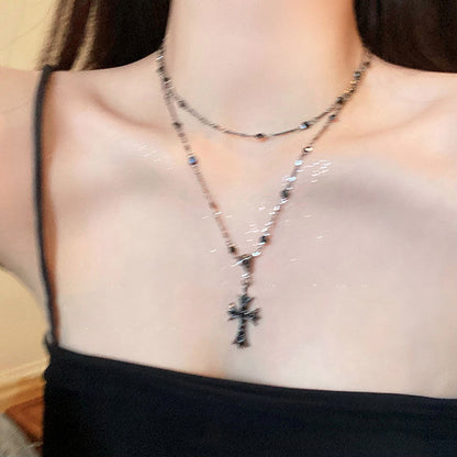 Double-Layered Black Zircon Cross Pendant Necklace for Women