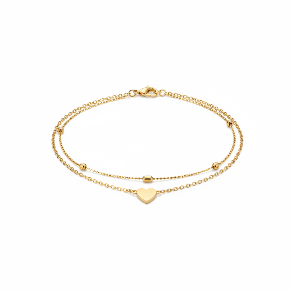 Heart and Bead Charm Layered Anklet - Product Photo