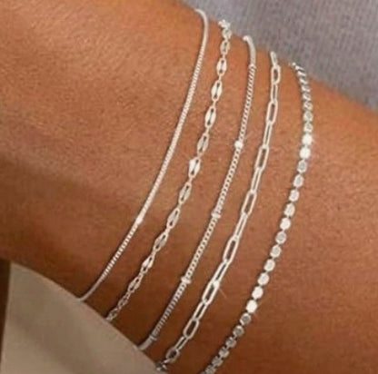 5 Piece/Set Gold Layered Delicate Stackable Chain Bracelets for Women