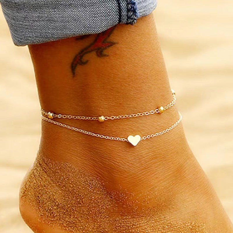 Heart Charm Double Layer Gold Ankle Bracelet for Women