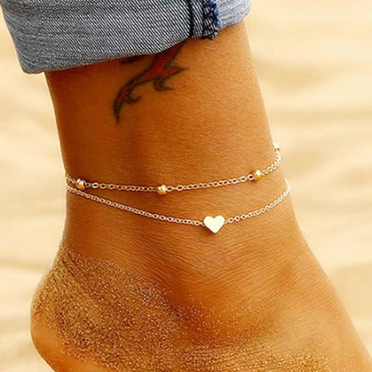 Heart Charm Double Layer Gold Ankle Bracelet for Women