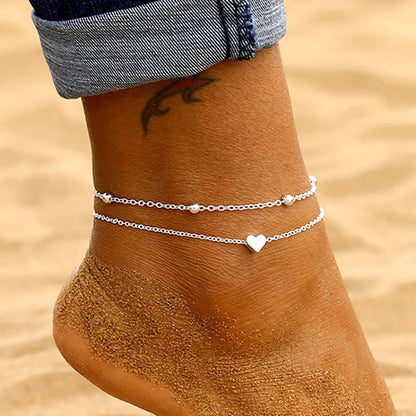 Heart Charm Double Layer Gold Ankle Bracelet for Women