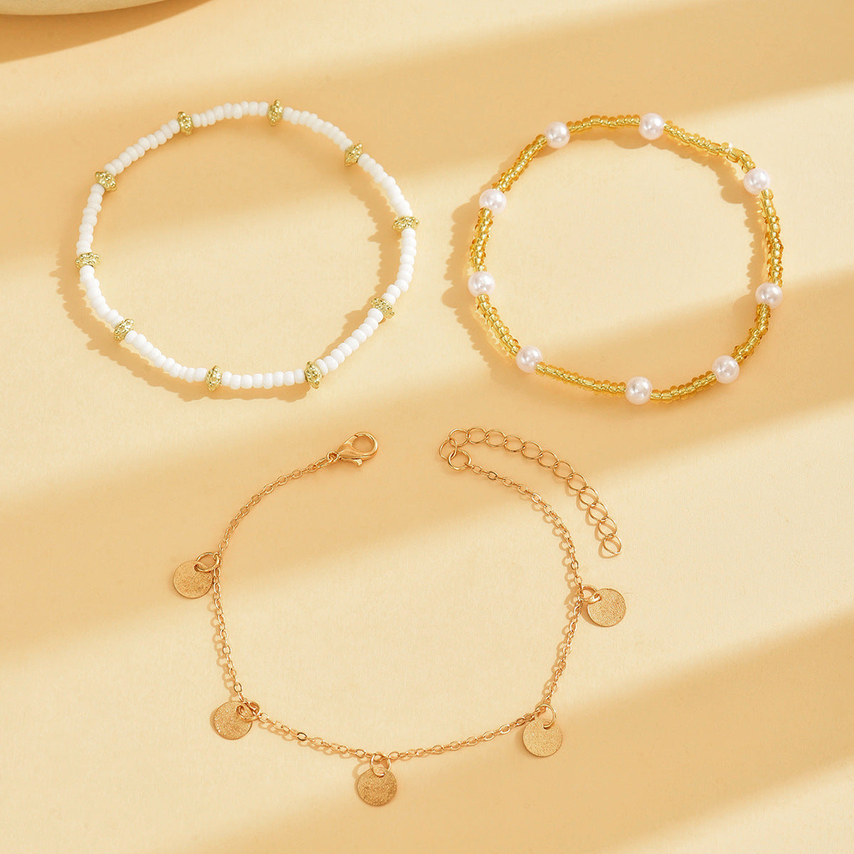 Layered Beach Anklet Set - Gold Pearl & Coin Charm Ankle Bracelets for Women